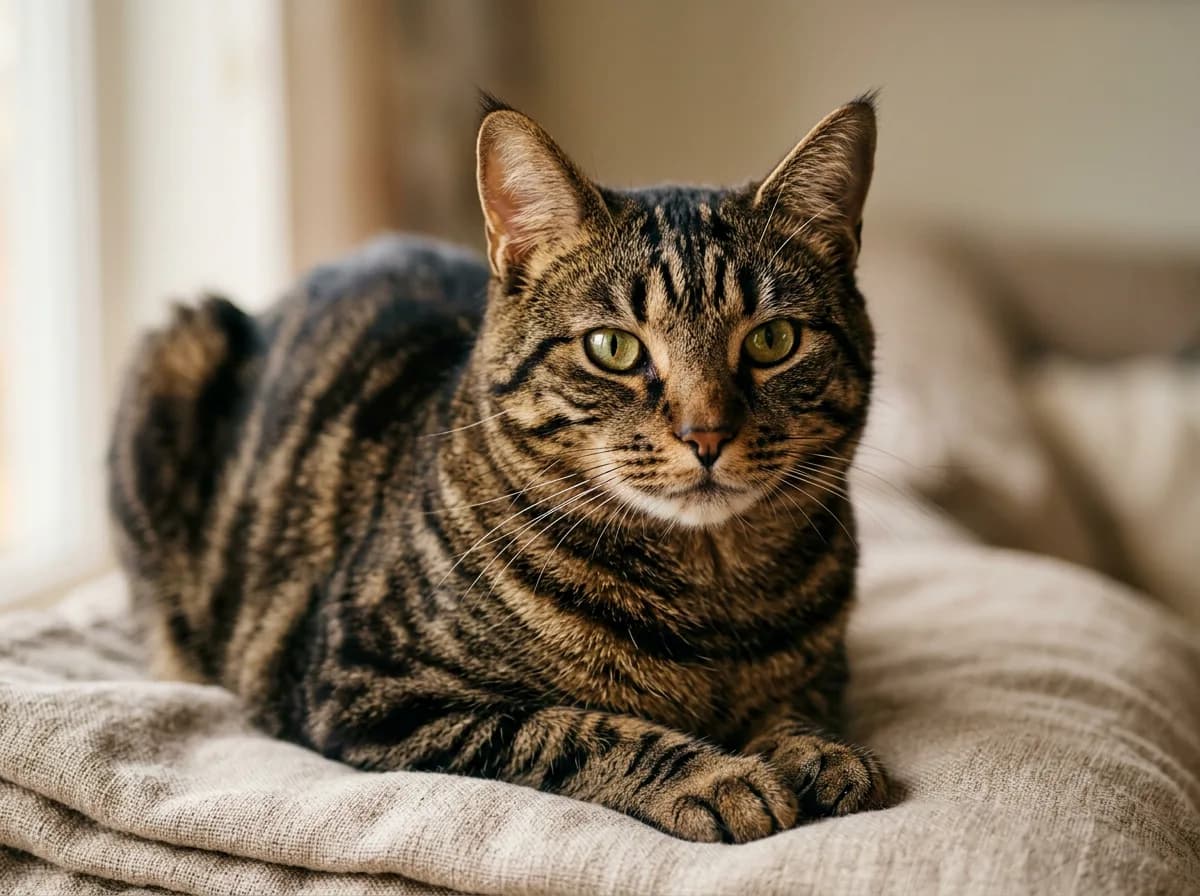 Classic brown tabby American Bobtail cat with dark stripes and almond-shaped eyes sitting on a blanket