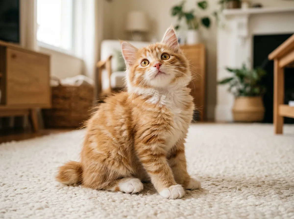 Orange and white American Bobtail kitten with a short tail sitting on a cream rug