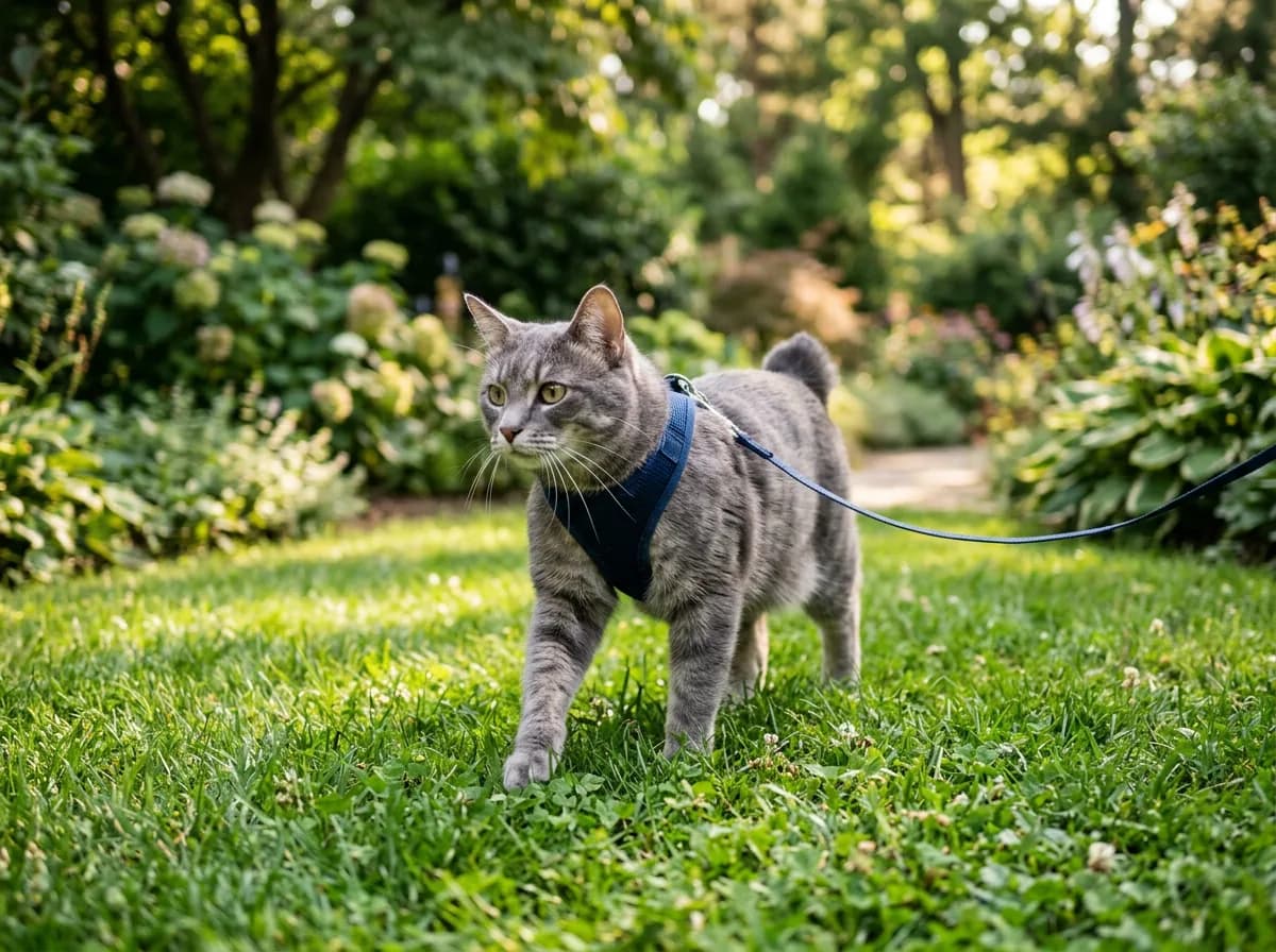 Gray American Bobtail cat walking outdoors on a leash and harness across a green lawn