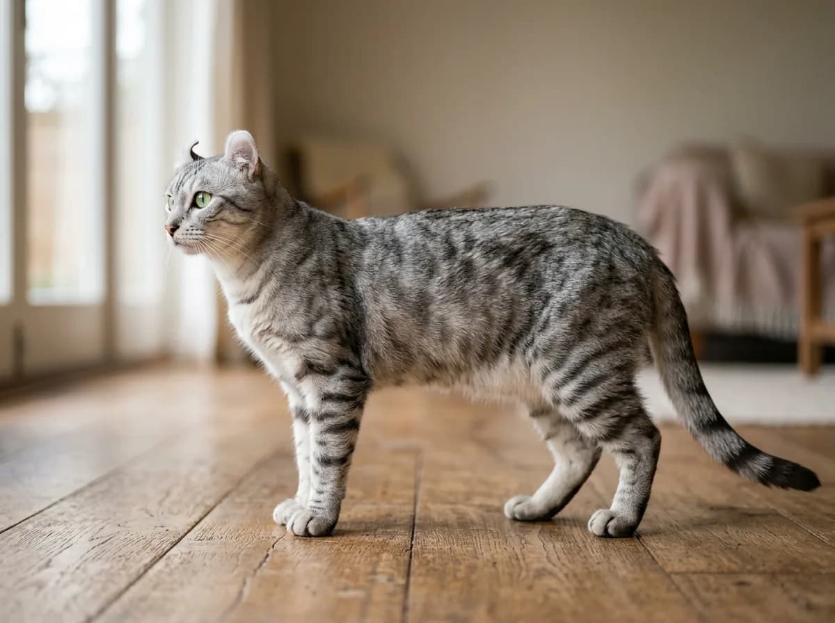 Full-body side view of an athletic medium-sized American Curl cat with a silver tabby coat and curled ears