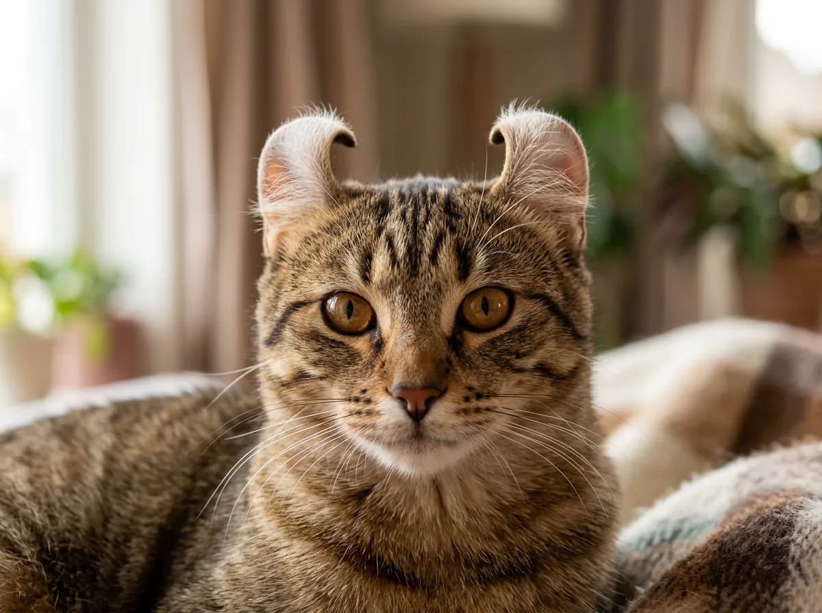 Close-up of an American Curl cat showing ears that curl firmly backward toward the center of the skull