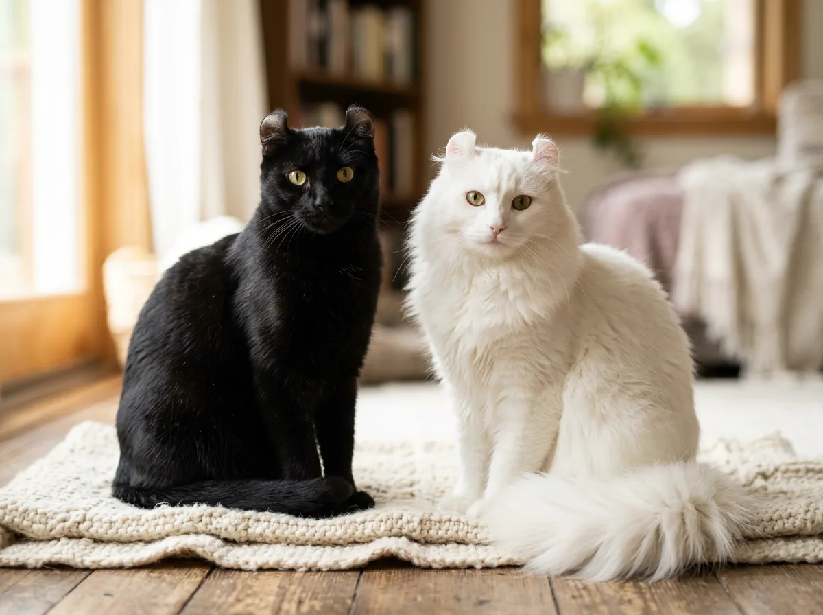 A shorthair black American Curl and a longhair white American Curl sitting side by side, both with curled ears
