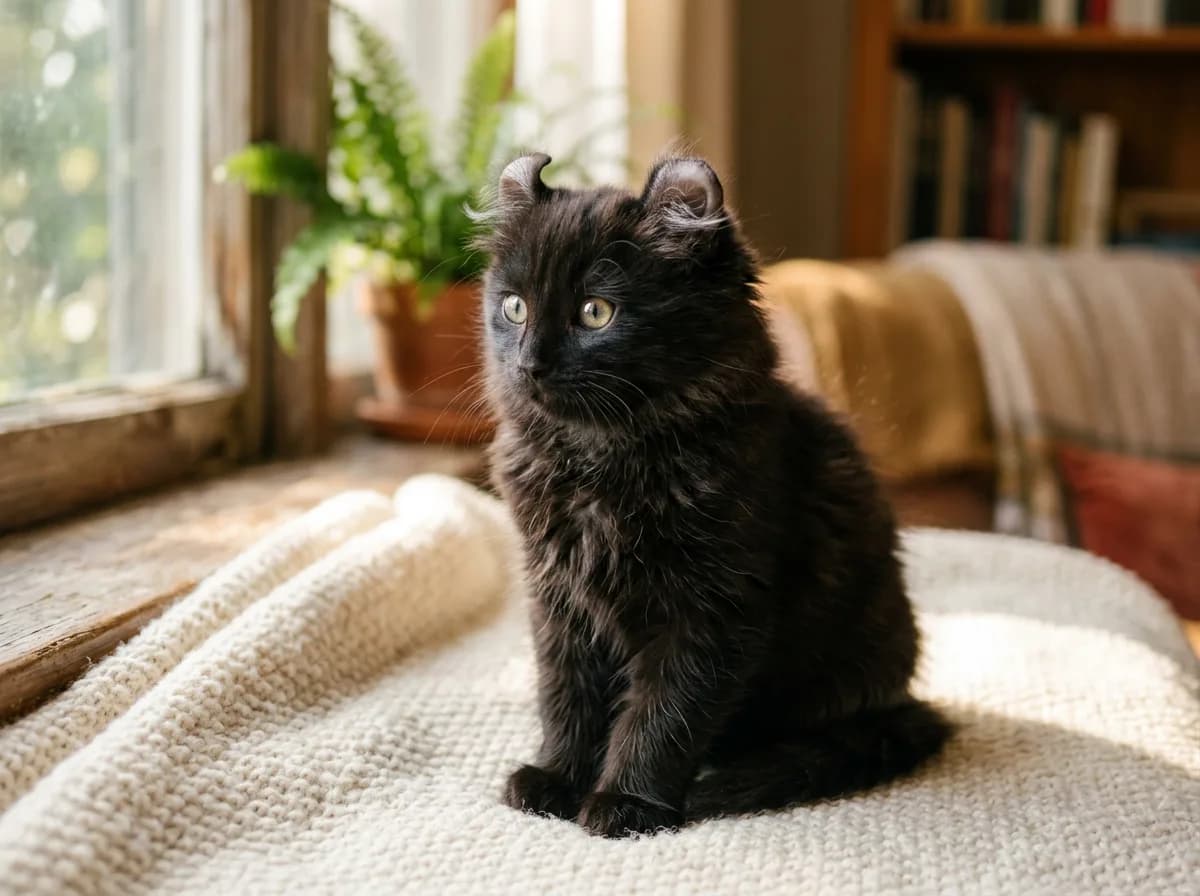 A young black American Curl kitten with ears just beginning to curl backward, not yet fully set