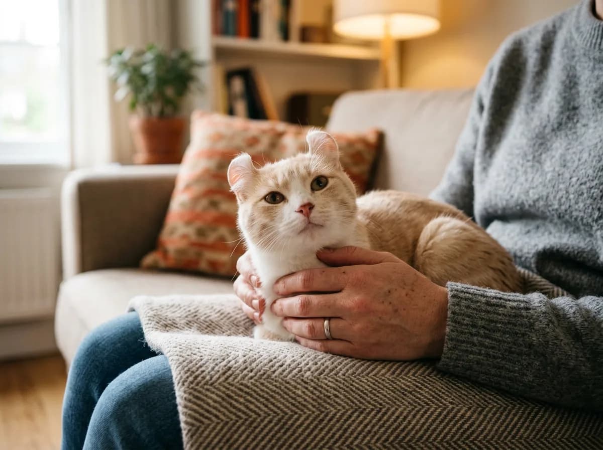 A friendly cream and white American Curl cat resting on a person's lap, ears curled backward