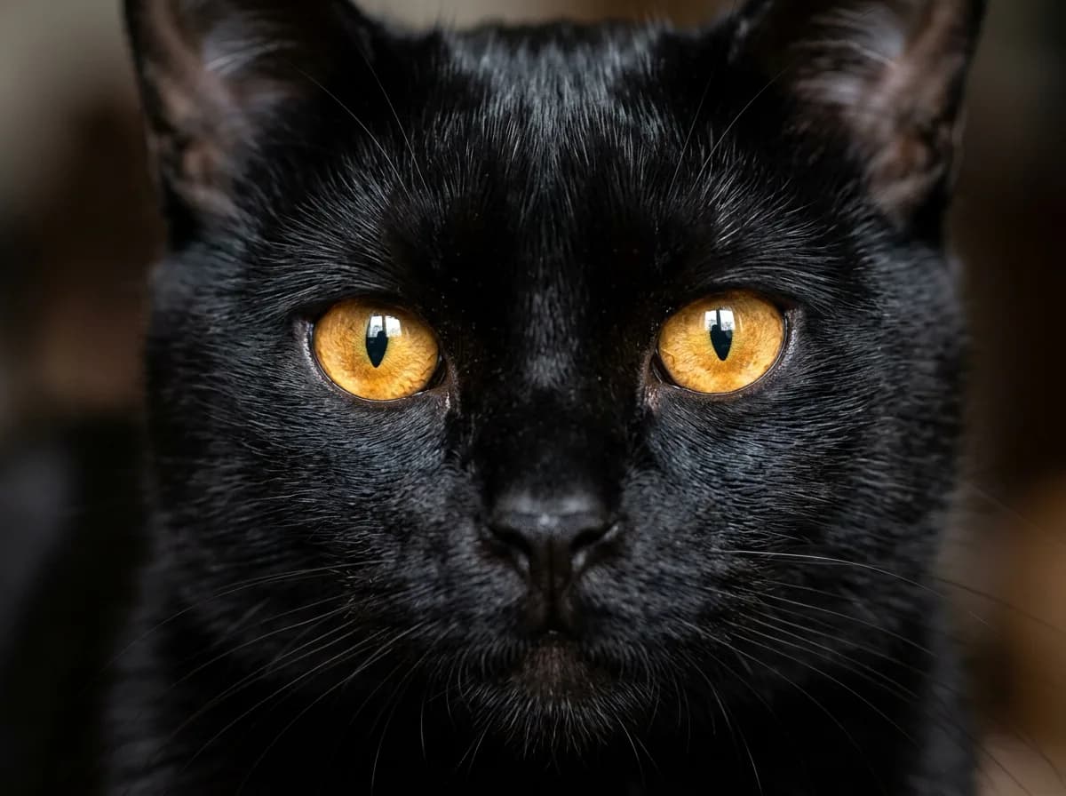 Close-up of a Bombay cat's face showing its large round copper-gold eyes and glossy jet-black coat