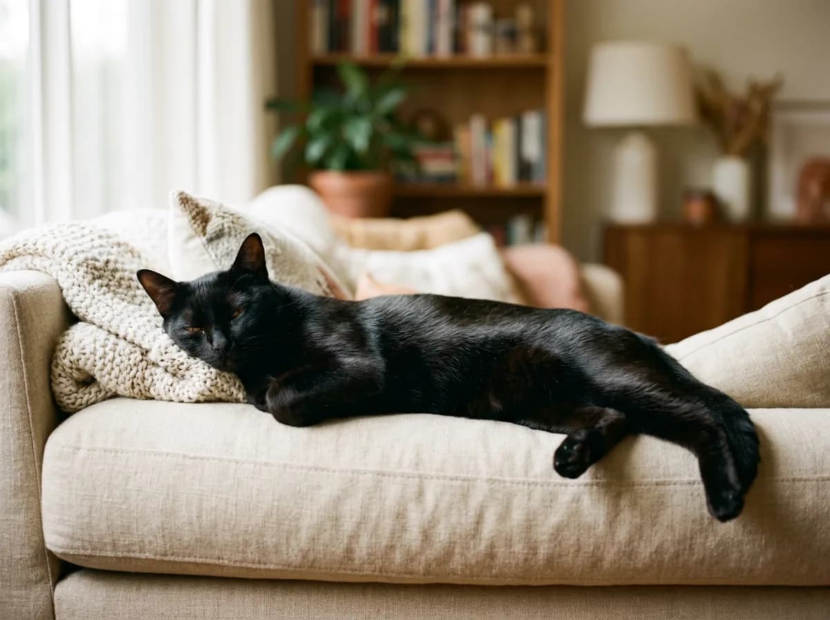 Black Bombay cat lounging relaxed and content on a beige couch in a warm living room