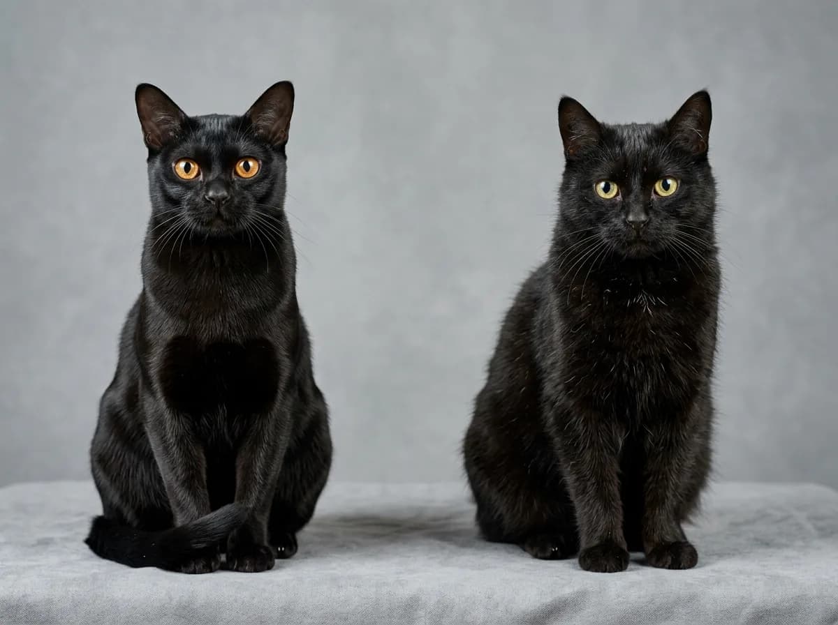 A sleek Bombay cat with glossy coat and copper eyes sitting beside an ordinary black housecat with a duller coat, shown for comparison