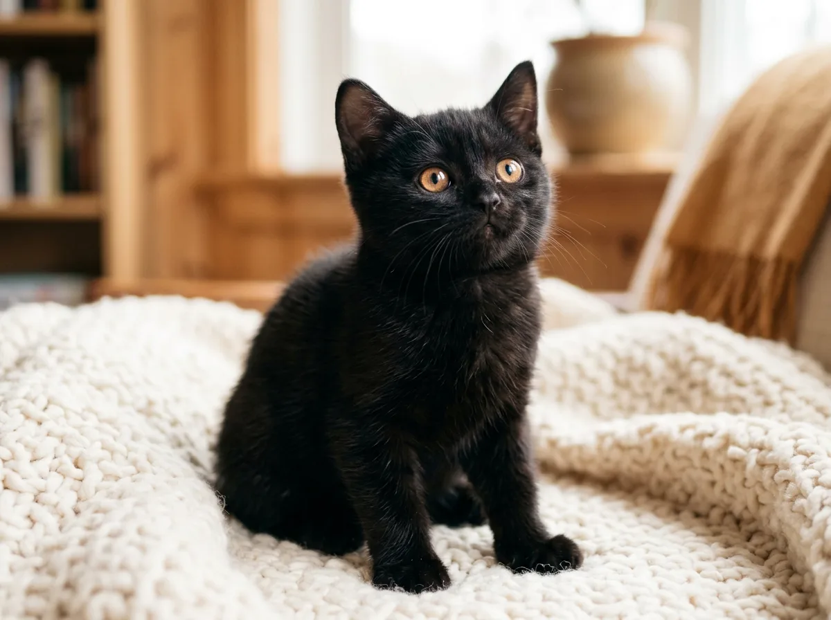 Young black Bombay kitten with round copper eyes sitting on a cream blanket and looking up curiously