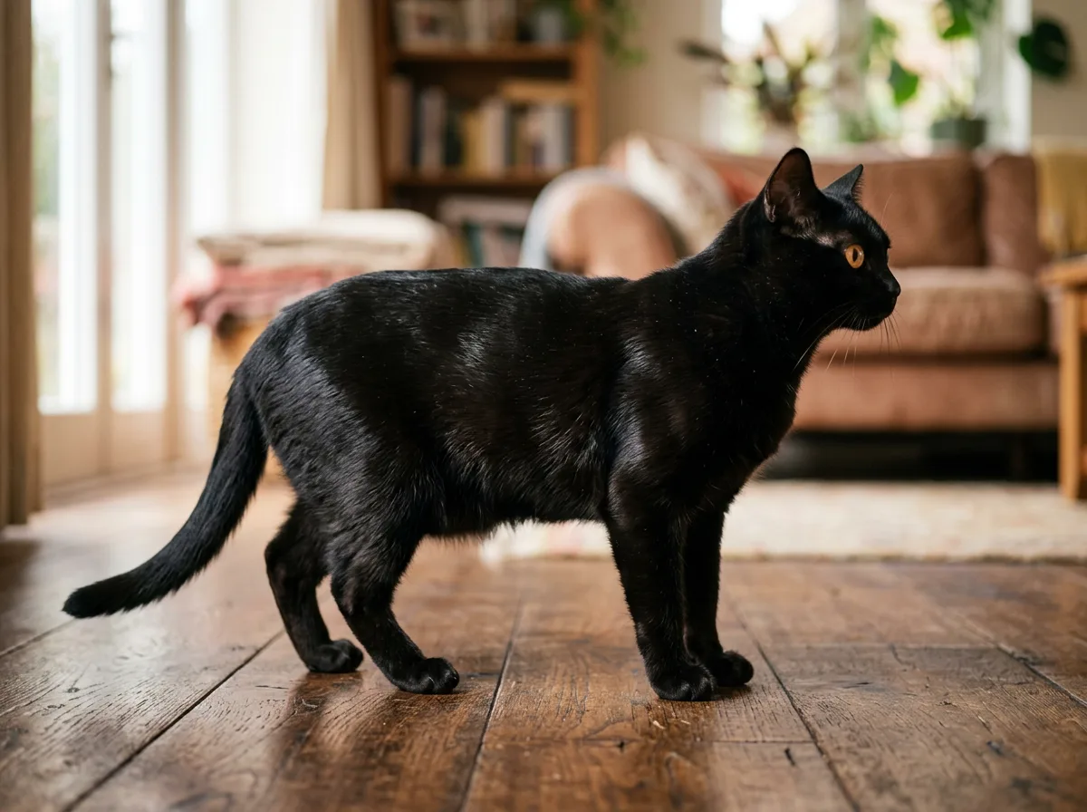 Black Bombay cat standing in full profile on a wooden floor, showing its sleek muscular mini-panther build and glossy jet-black coat