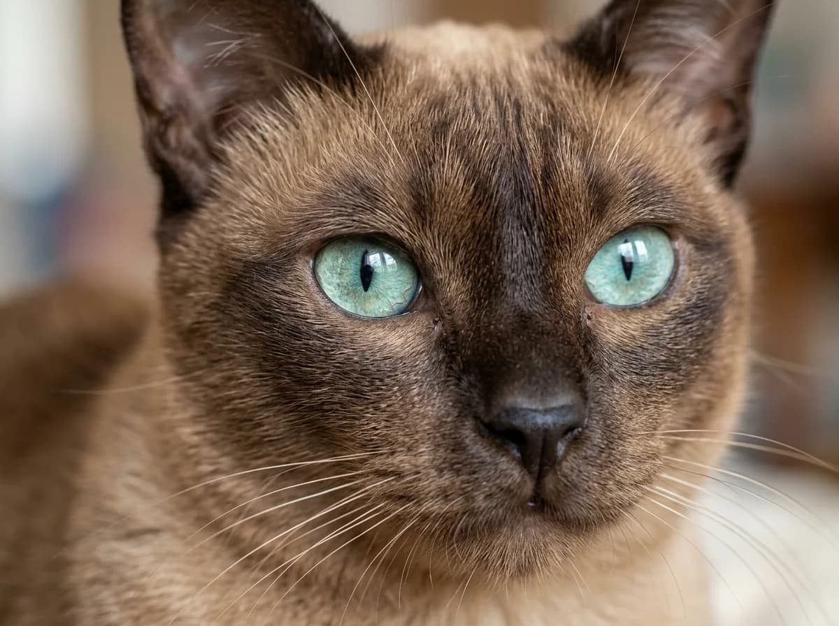 Close-up of a seal natural mink Tonkinese cat showing the soft contrast between the warm brown body and darker face mask