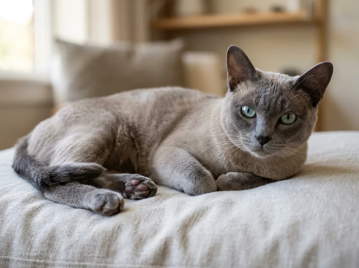 A blue mink Tonkinese cat with soft slate-grey body and cool blue points lying down and looking at the camera