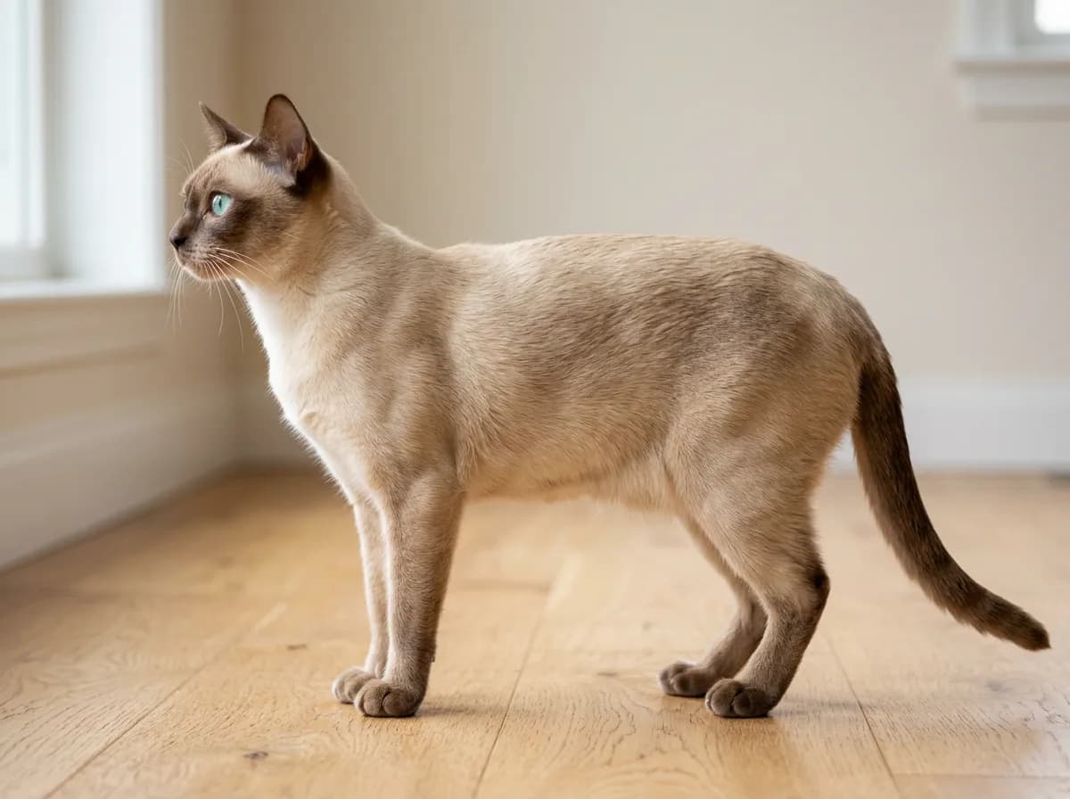 A champagne mink Tonkinese cat with creamy buff coat and light tan points standing in profile