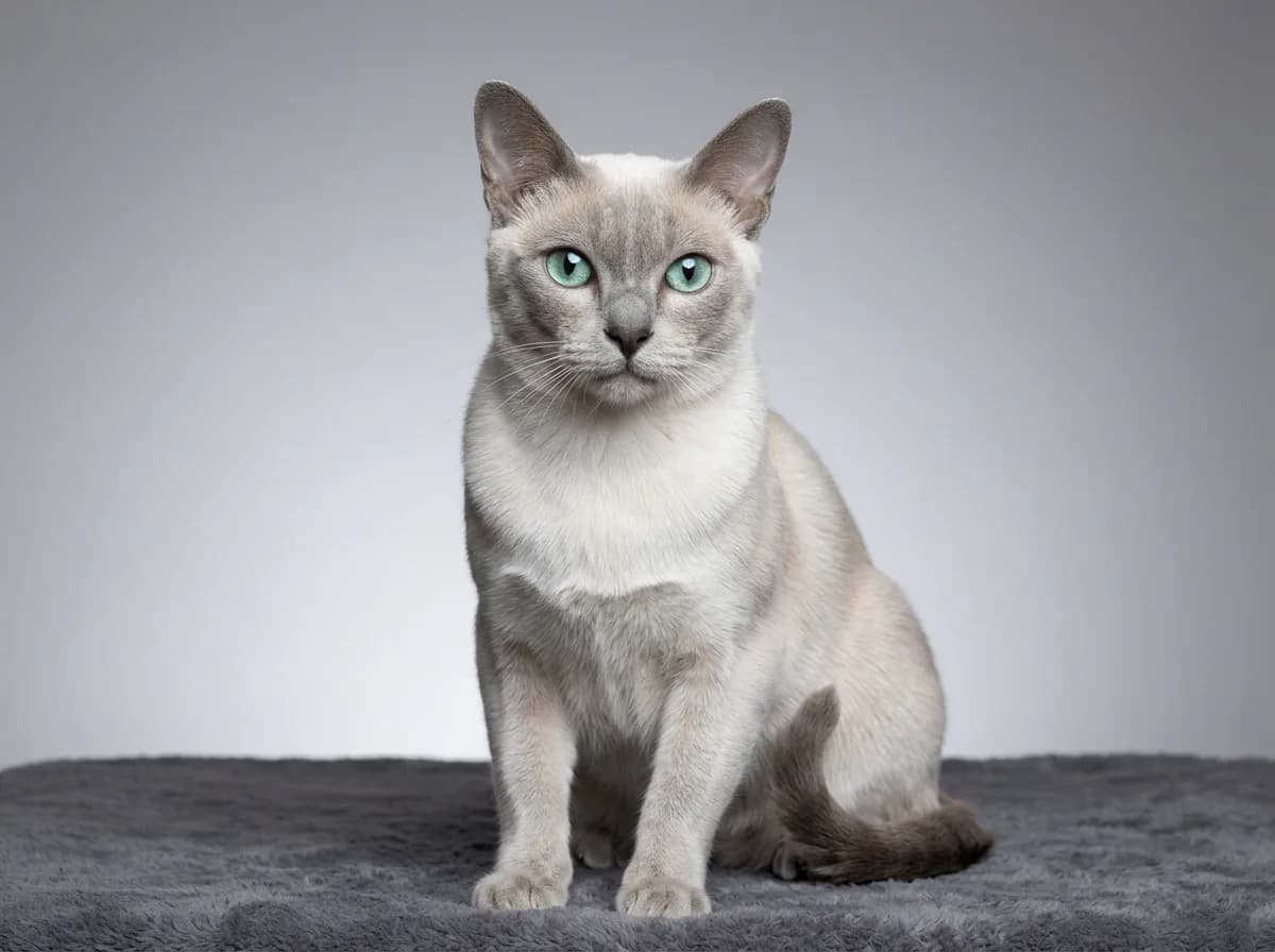 A platinum mink Tonkinese cat with pale silvery coat and frosty grey points sitting and looking alert