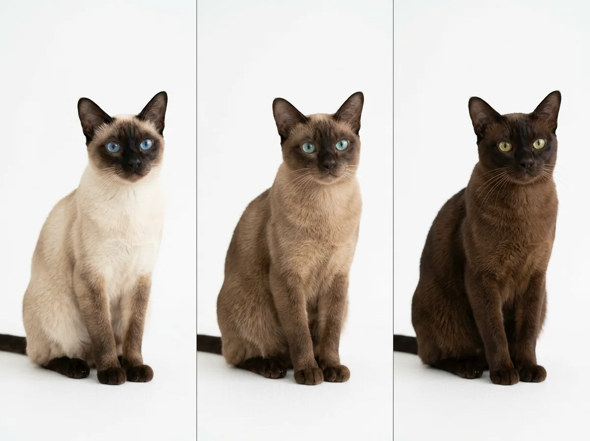 Comparison grid of three Tonkinese coat patterns showing the high-contrast pointed, medium-contrast mink, and low-contrast solid sepia coats