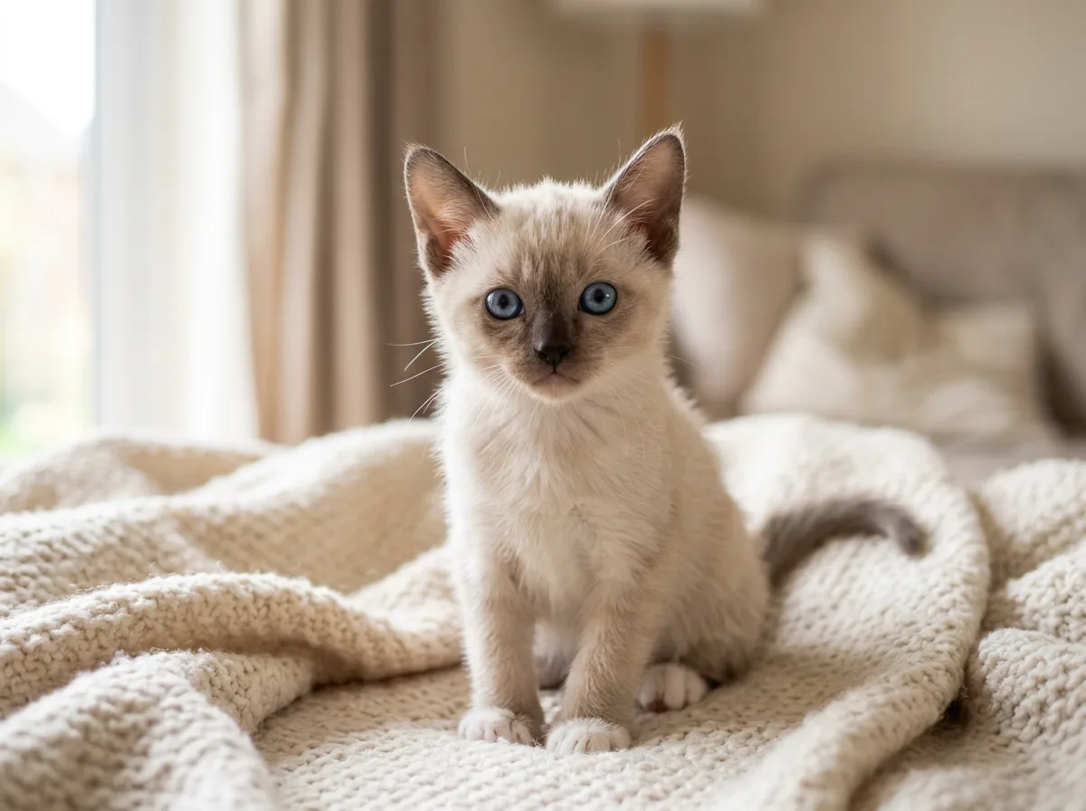A young Tonkinese kitten with a pale coat and bright blue eyes sitting and looking curious