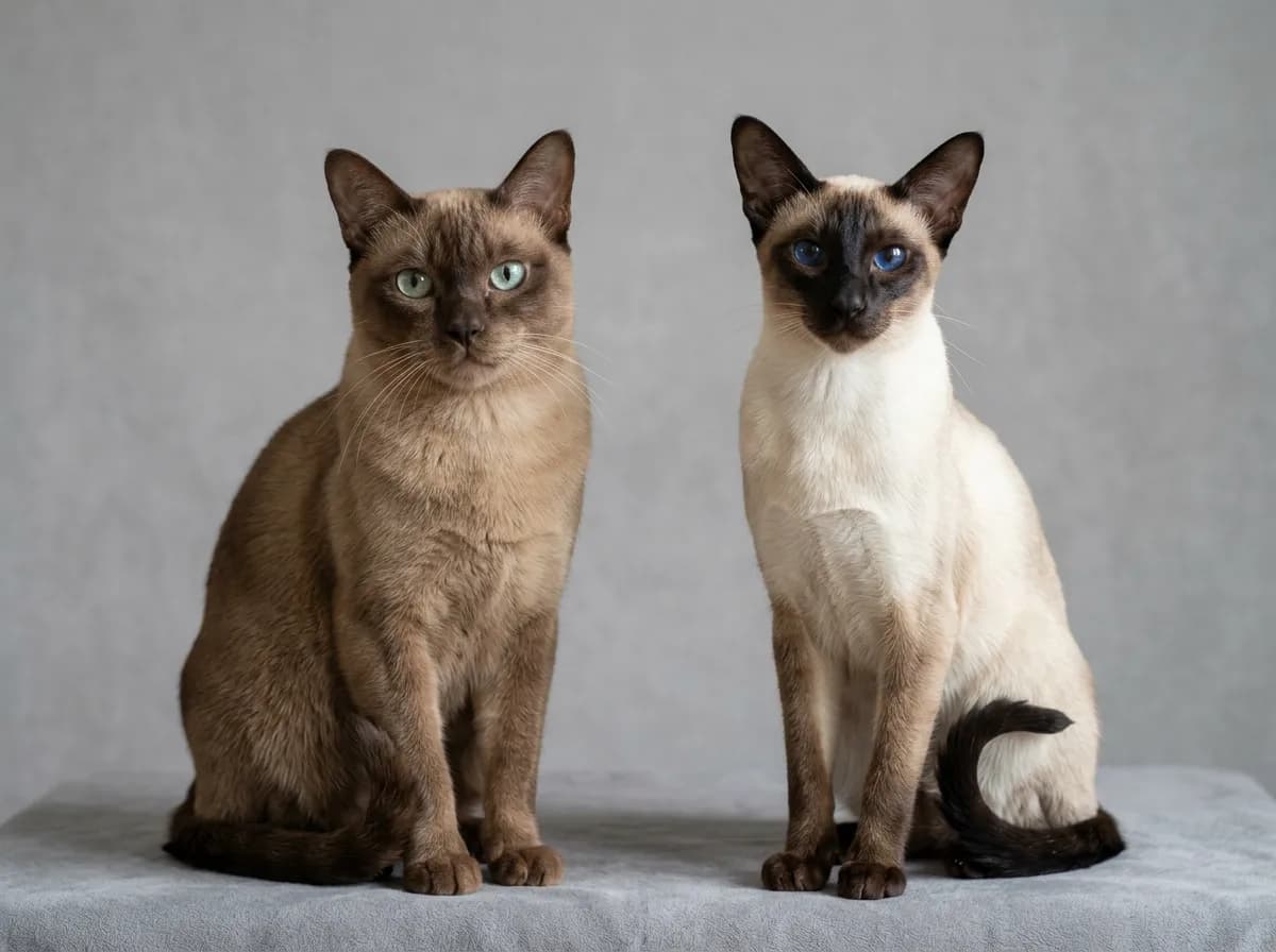 A mink Tonkinese cat beside a seal point Siamese cat showing the difference in body color contrast and eye color