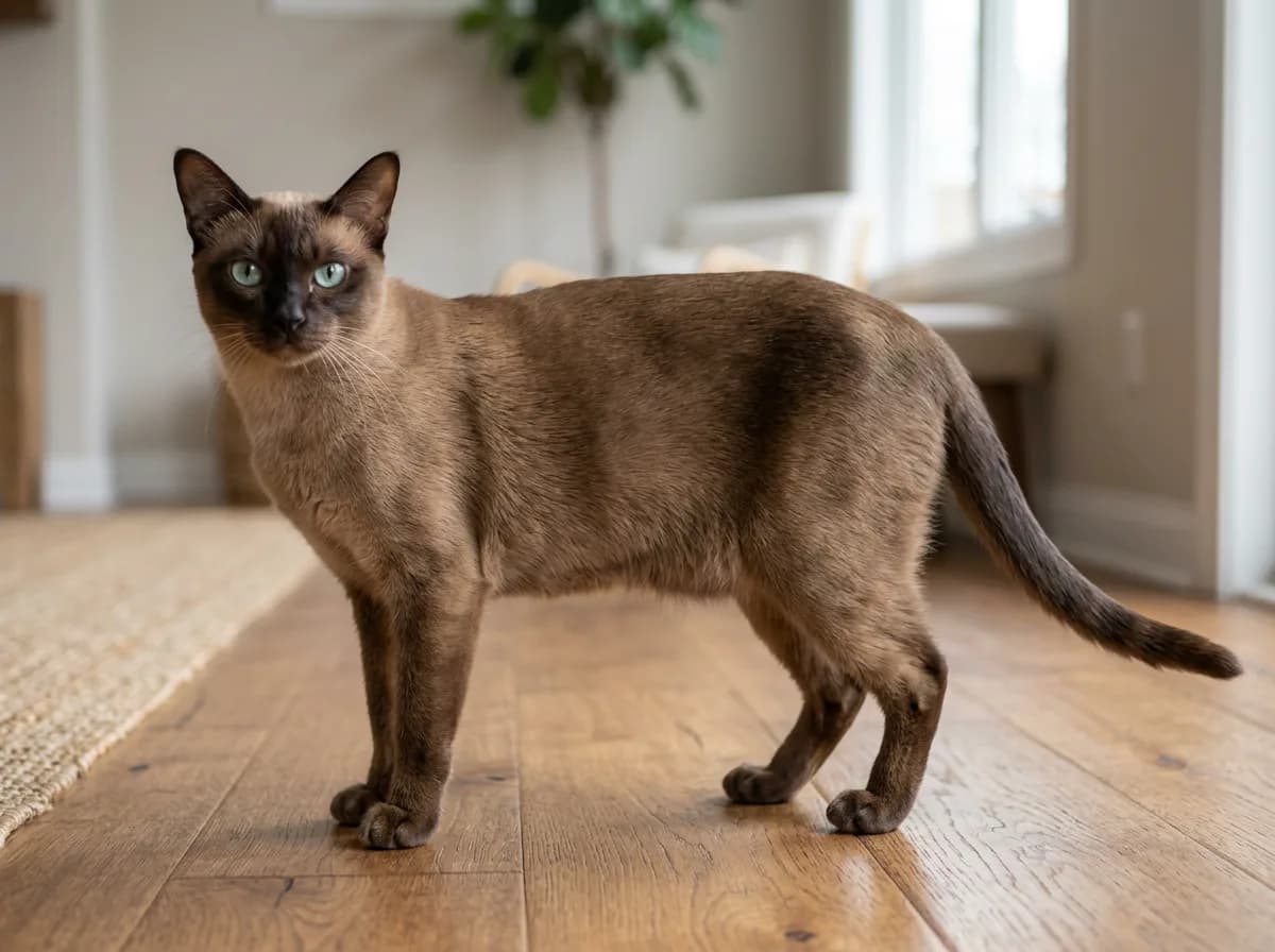 Full-body shot of a muscular natural mink Tonkinese cat standing to show its medium athletic build