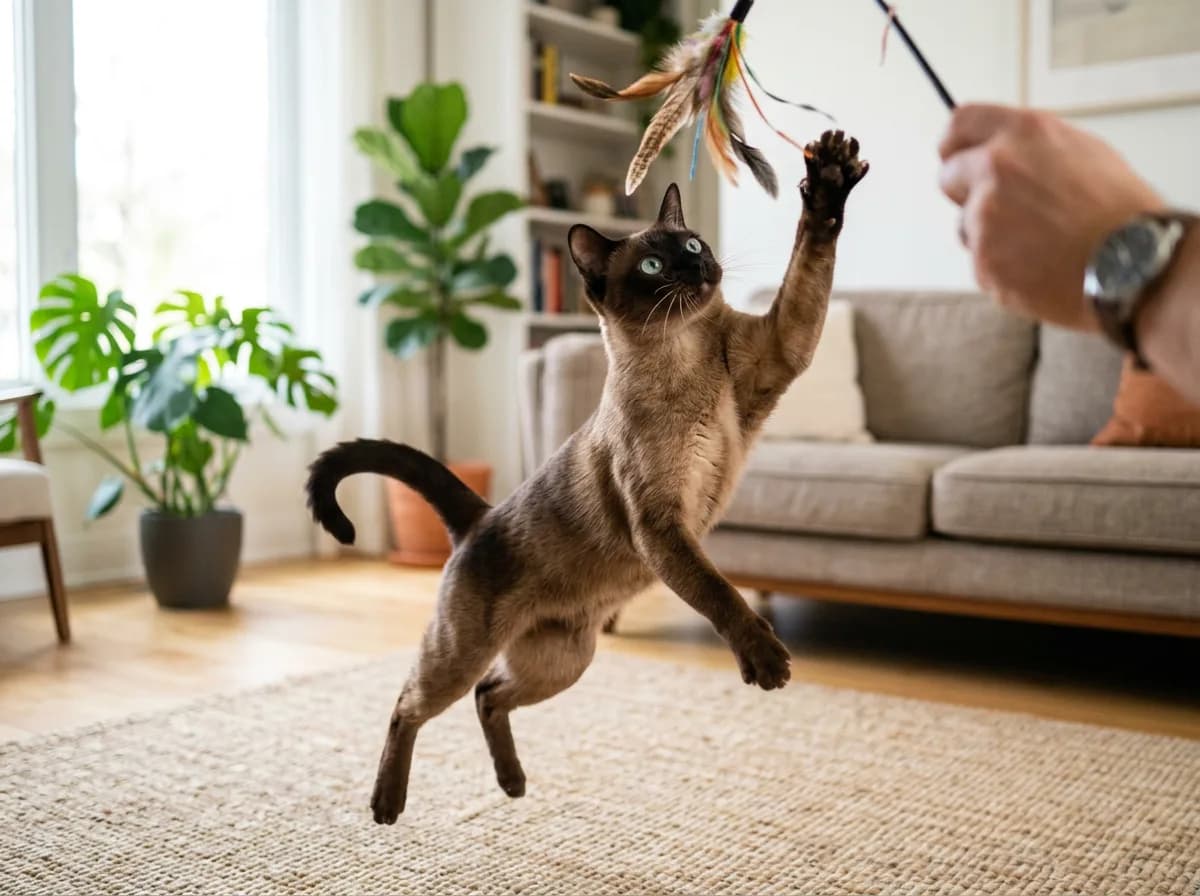 A playful mink Tonkinese cat batting at a feather toy mid-pounce showing its energetic affectionate personality