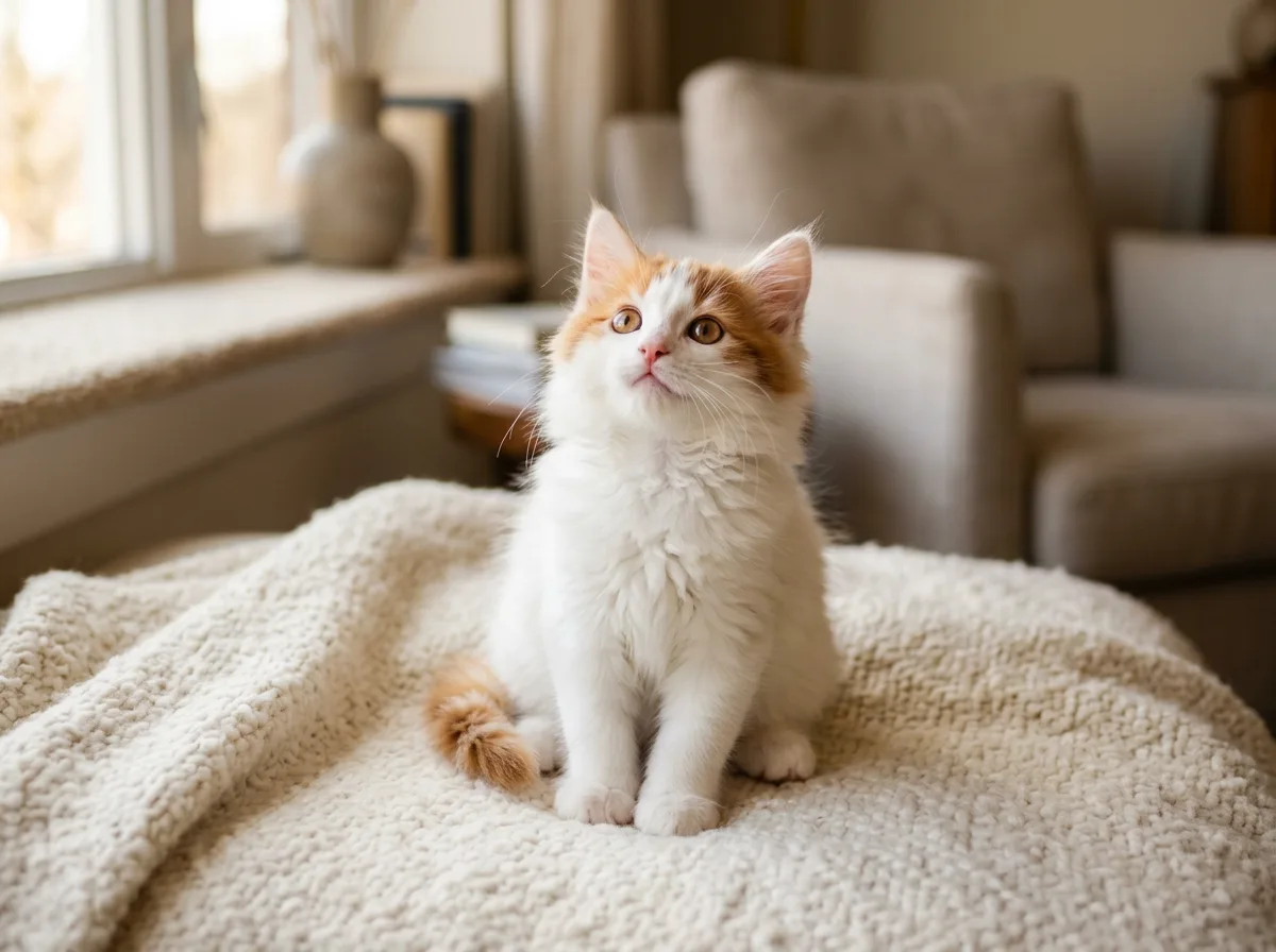 Turkish Van kitten with white fur and auburn head markings sitting on a cream blanket