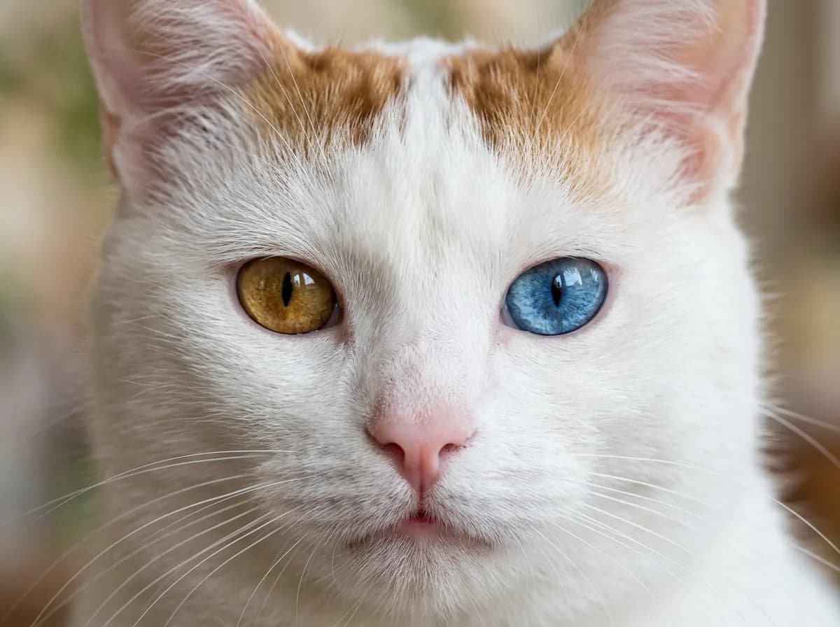 Close-up of a Turkish Van cat face with one amber eye and one blue eye showing heterochromia