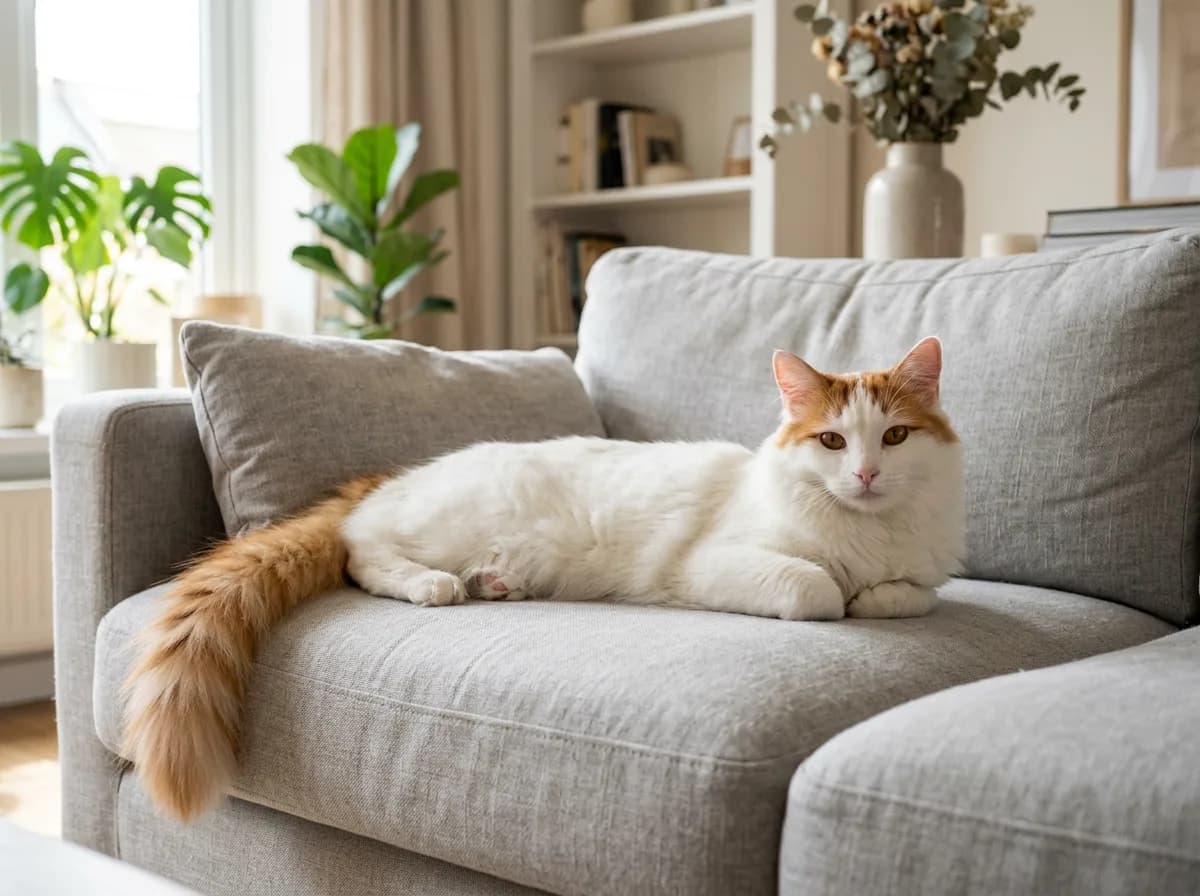 Turkish Van cat lying relaxed and stretched out on a grey sofa showing its full white body and auburn plumed tail