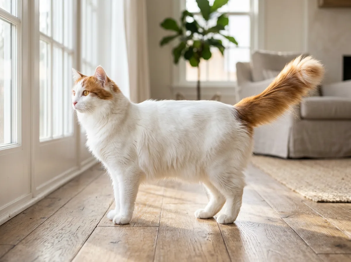 Turkish Van cat in full profile showing a white body with auburn color on the head and plumed tail