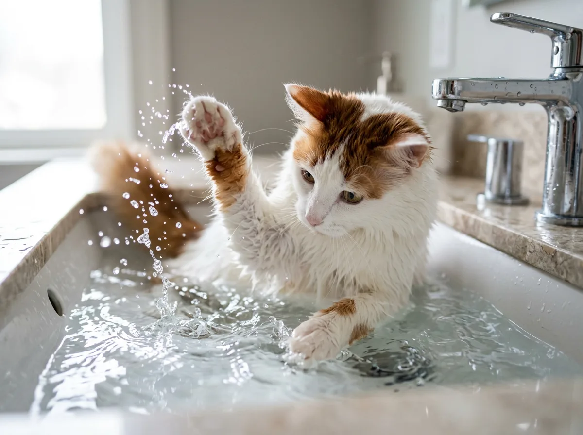 Turkish Van cat pawing and splashing at water in a white bathroom sink