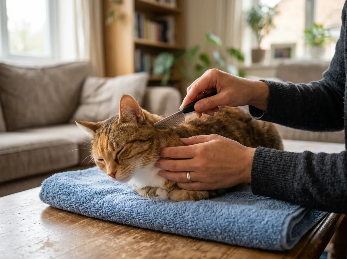 Owner using a flea comb on a cat resting on a towel