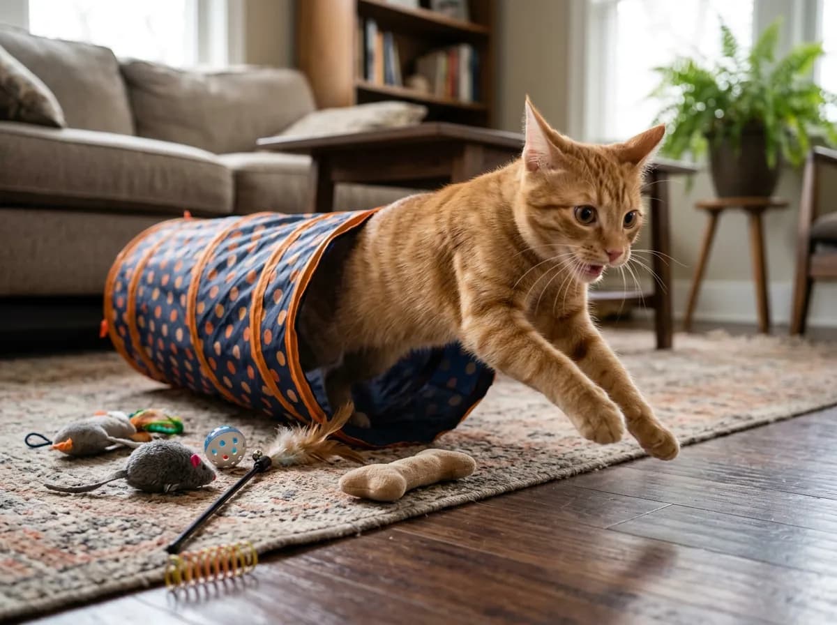 Cat leaping through a play tunnel to burn off pent-up energy