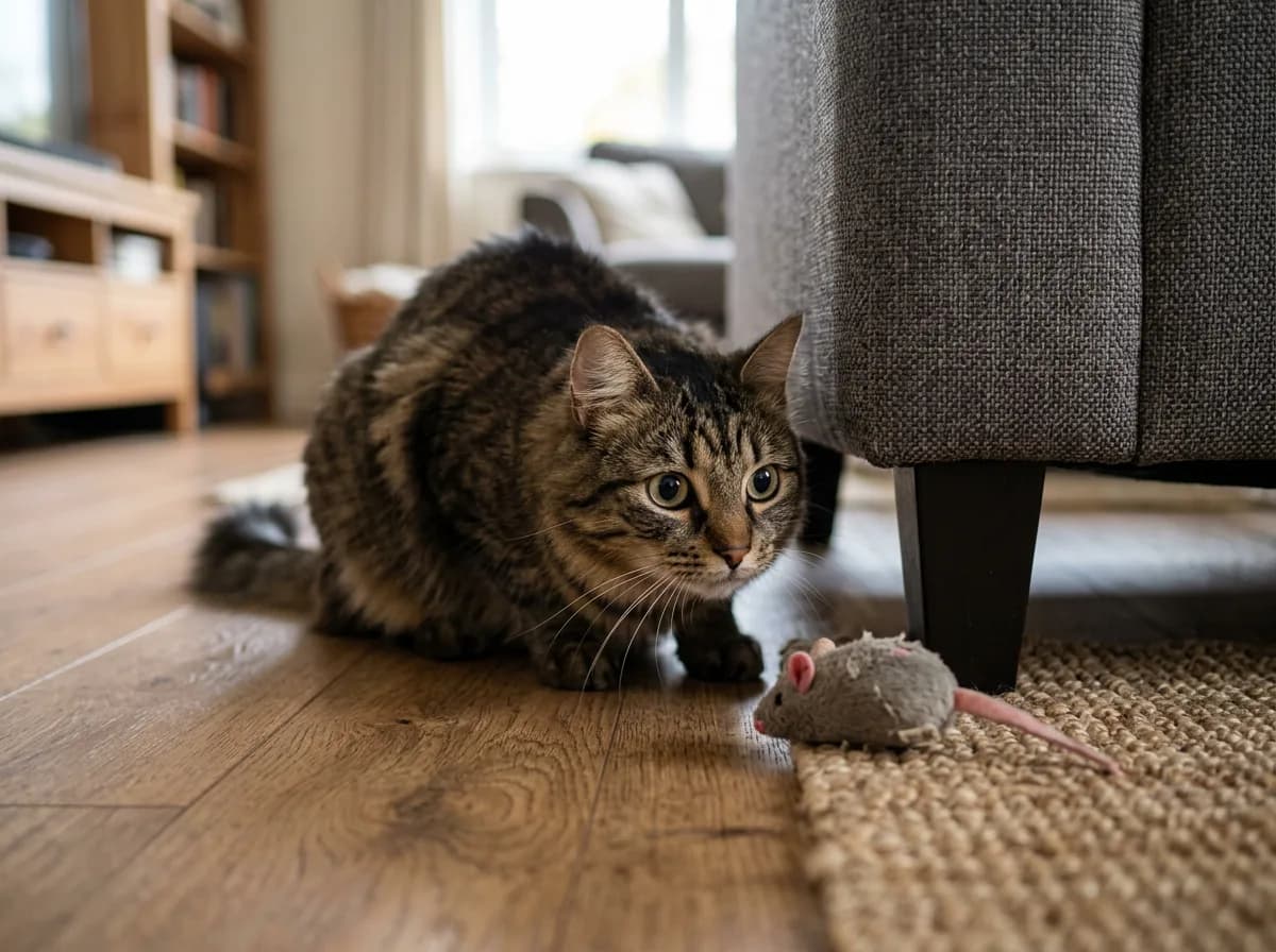 Cat stalking a toy mouse around furniture
