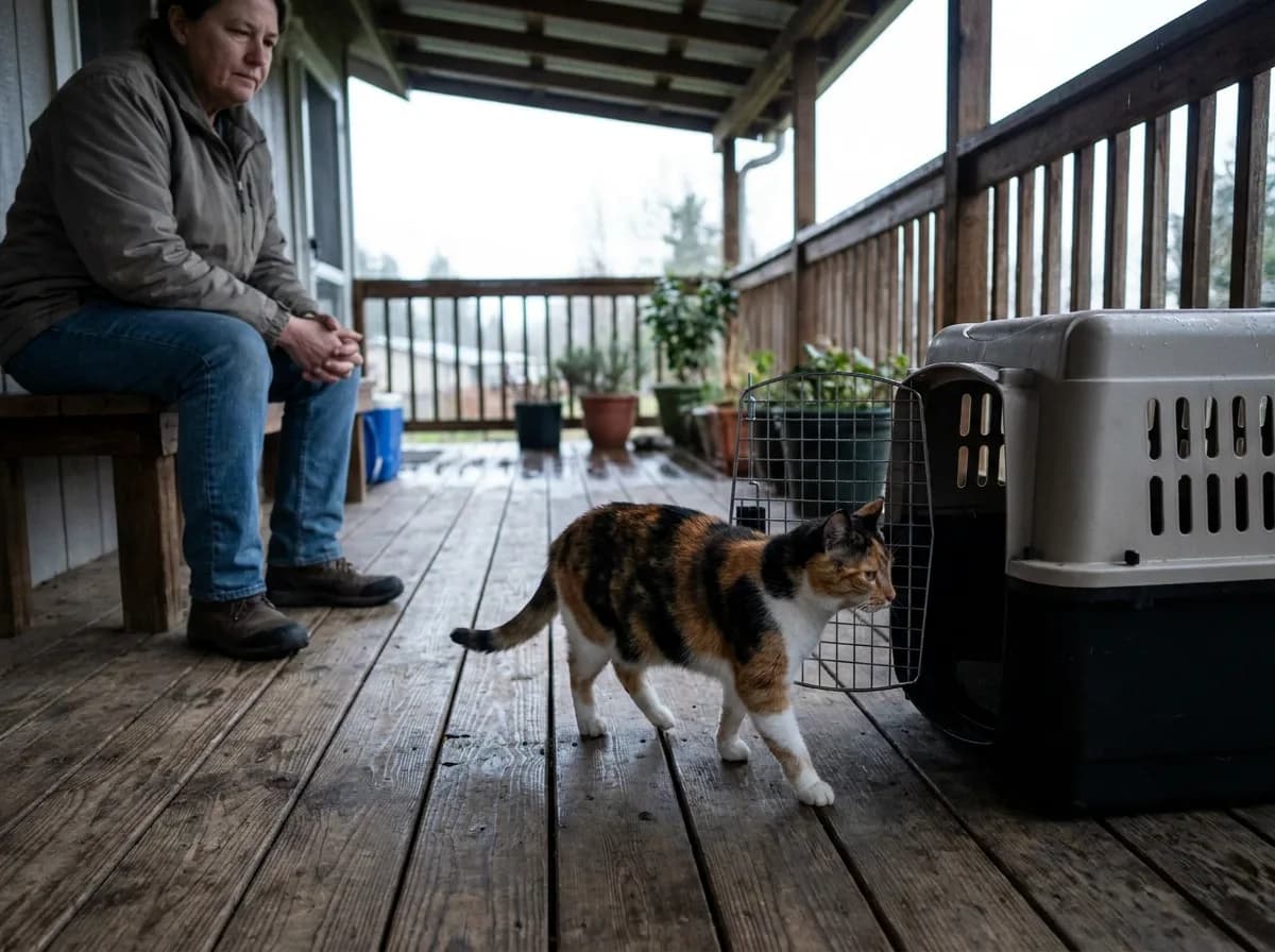 Calico cat beside an open carrier while a person sits nearby on a porch