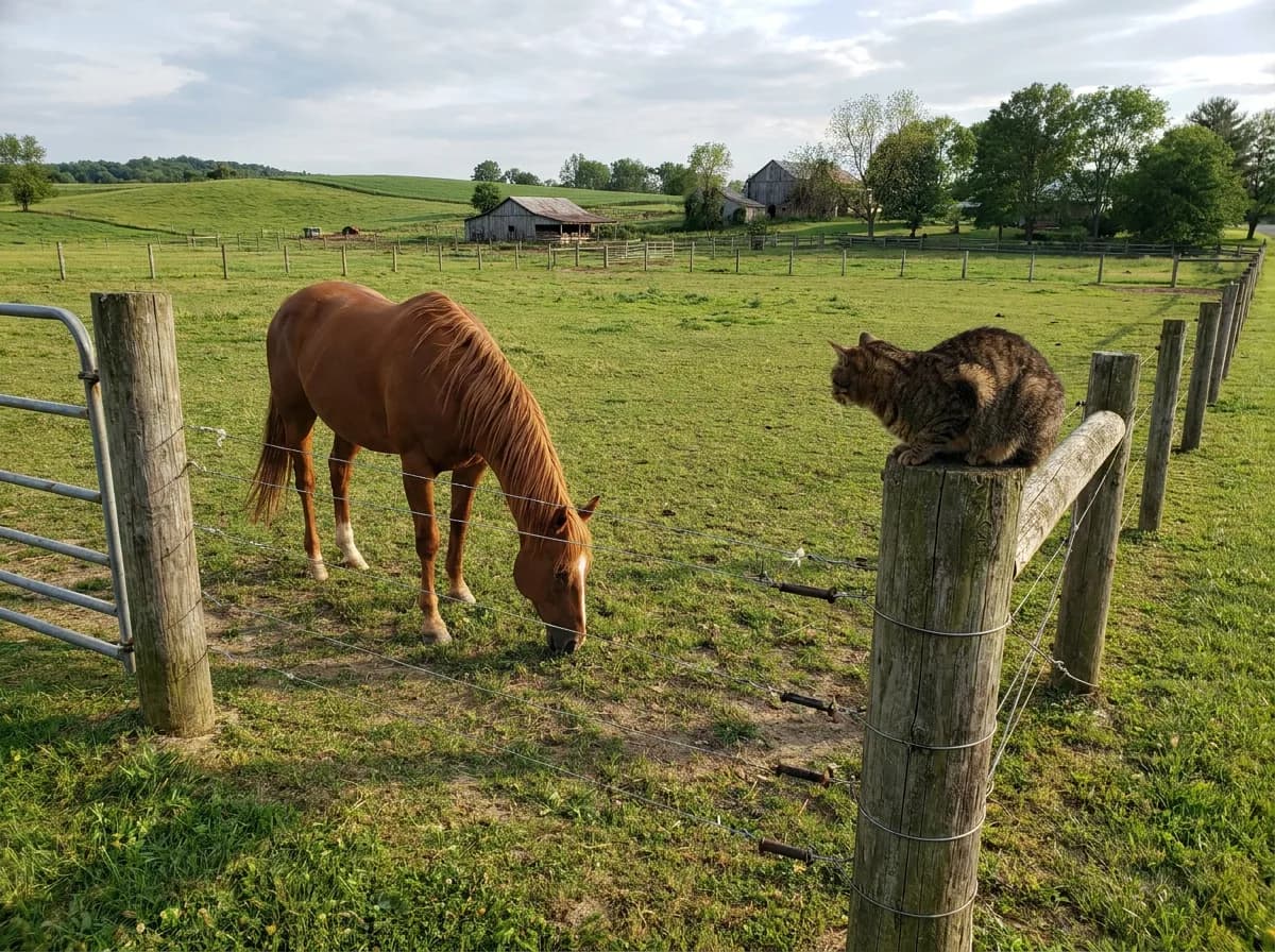 Tabby cat perched on a fence post beside a paddock where a chestnut horse grazes