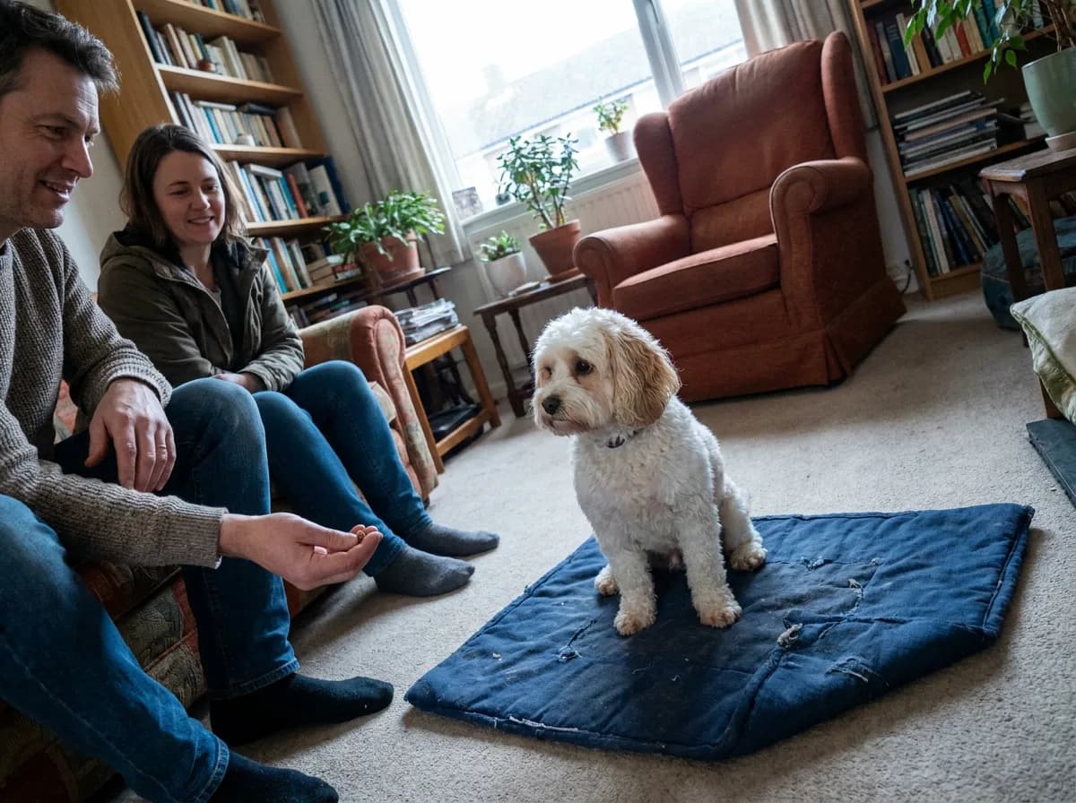 Small white and tan dog sitting on a blue mat while two adults offer quiet attention.
