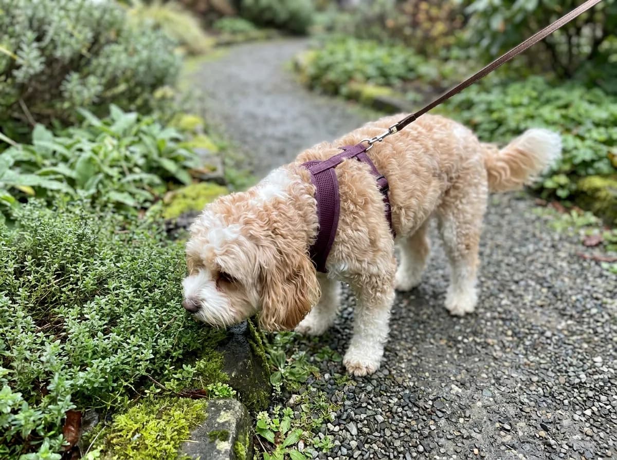 Apricot and white dog sniffing garden plants while wearing a plum harness on a loose leash.