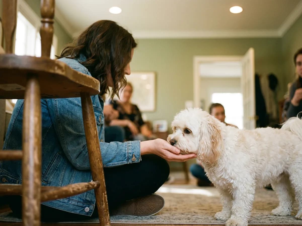 Small white dog approaching the open hand of a crouching adult in a meeting room.