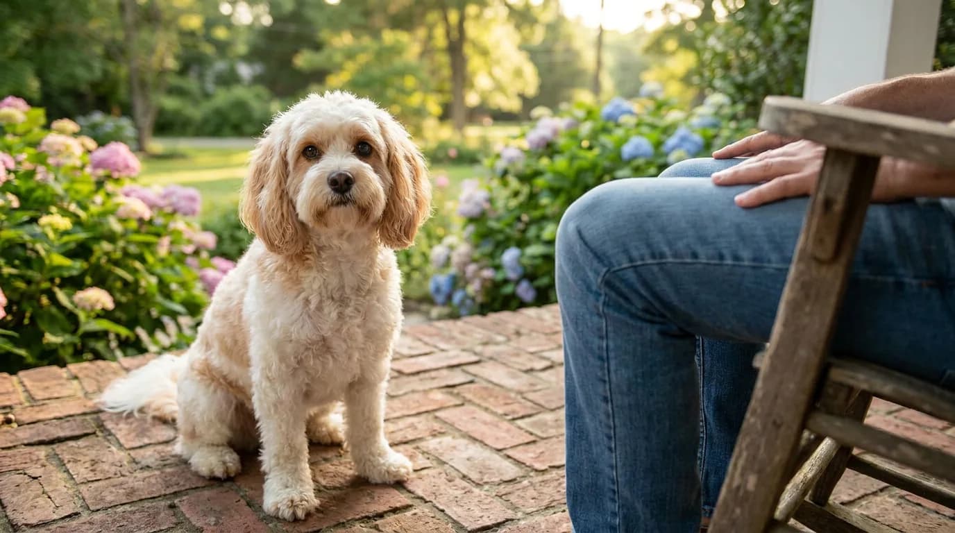 Cream and apricot wavy-coated companion dog sitting on a brick porch beside an adult.