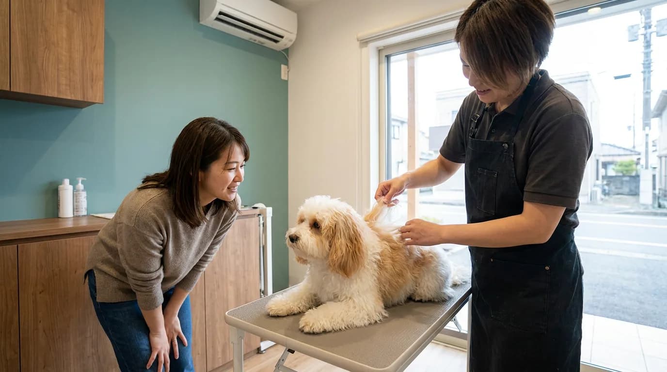 Groomer checking a small white and apricot dog’s wavy coat during a consultation.