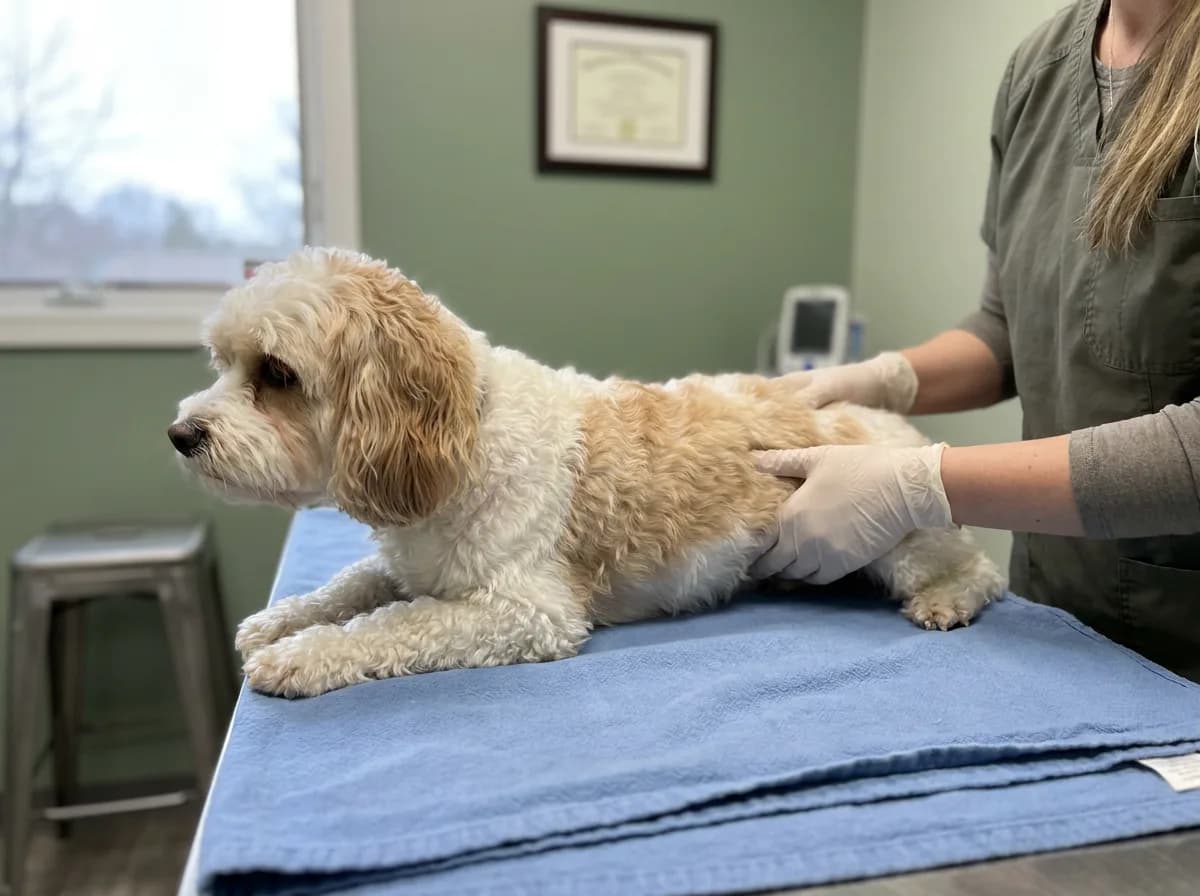 Small wavy-coated dog resting on a blue examination towel while a gloved professional handles its side.