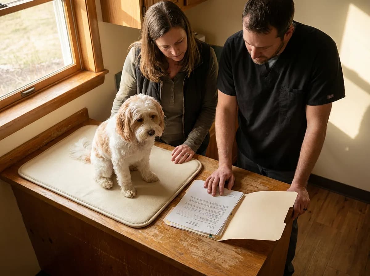 Owner and veterinary professional reviewing a folder beside a small dog.