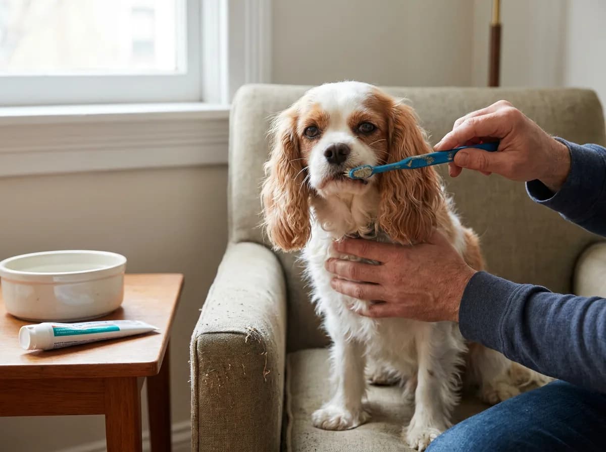 Small spaniel-type dog being introduced to a blue toothbrush with gentle handling.