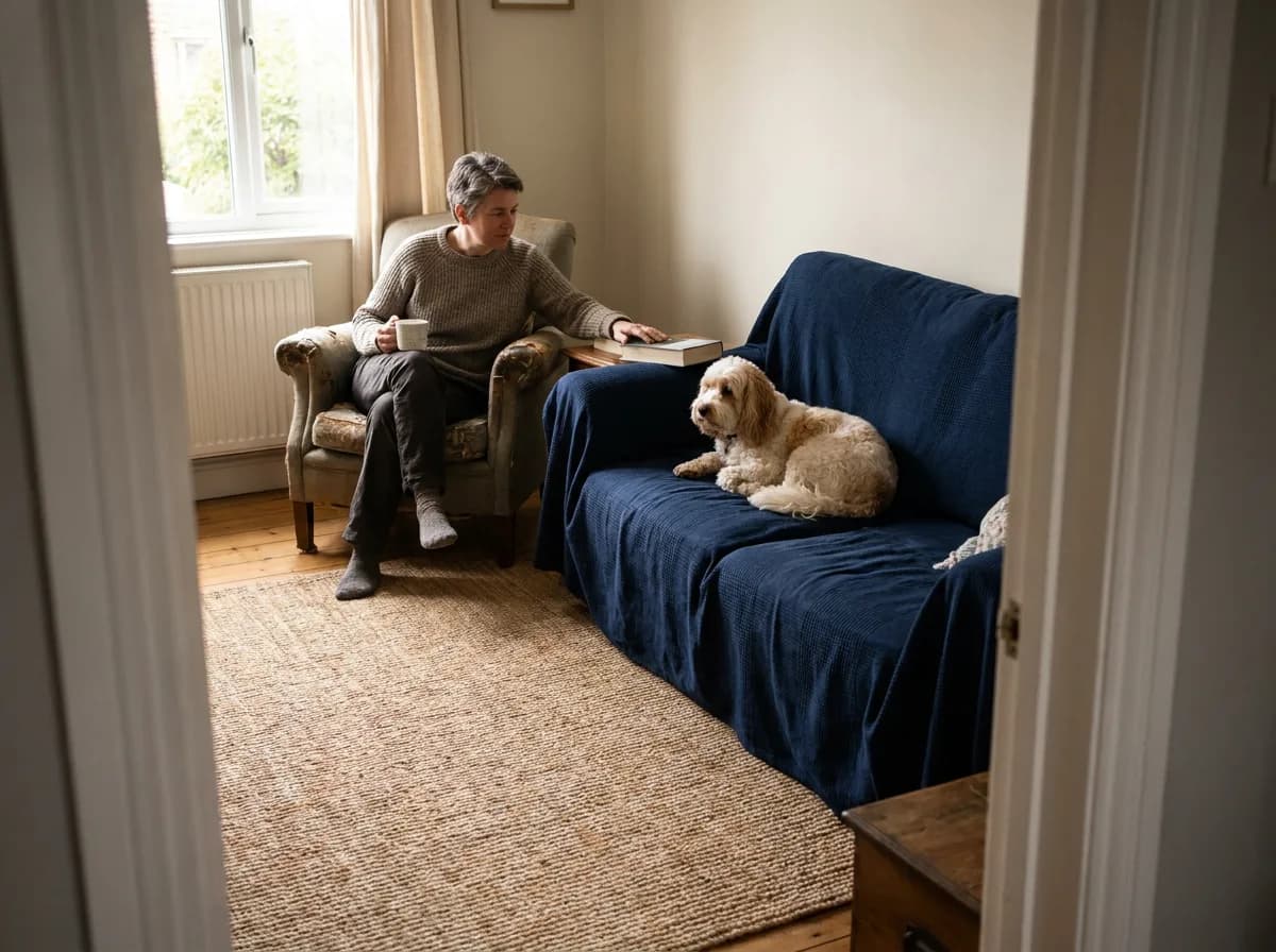 Adult seated near a small dog resting on a blue-covered sofa.