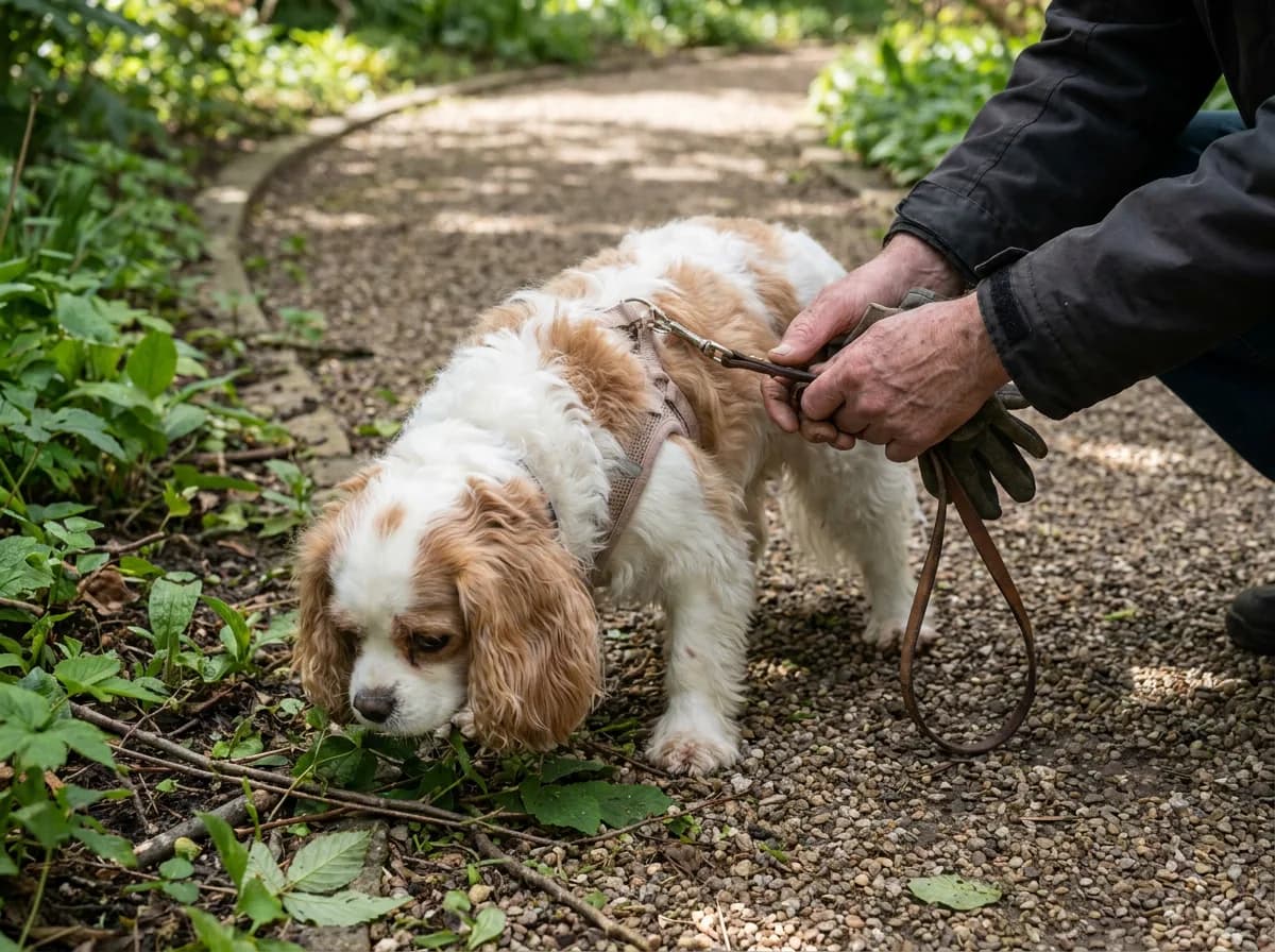 White and apricot dog sniffing beside a garden path while an adult holds its harness and lead.
