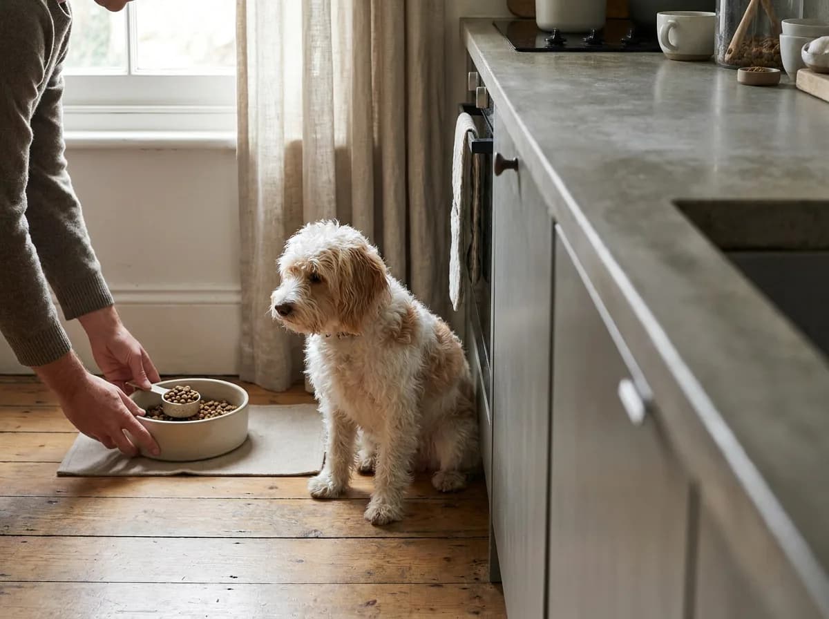 Small dog waiting beside an adult lowering a plain food bowl to the kitchen floor.
