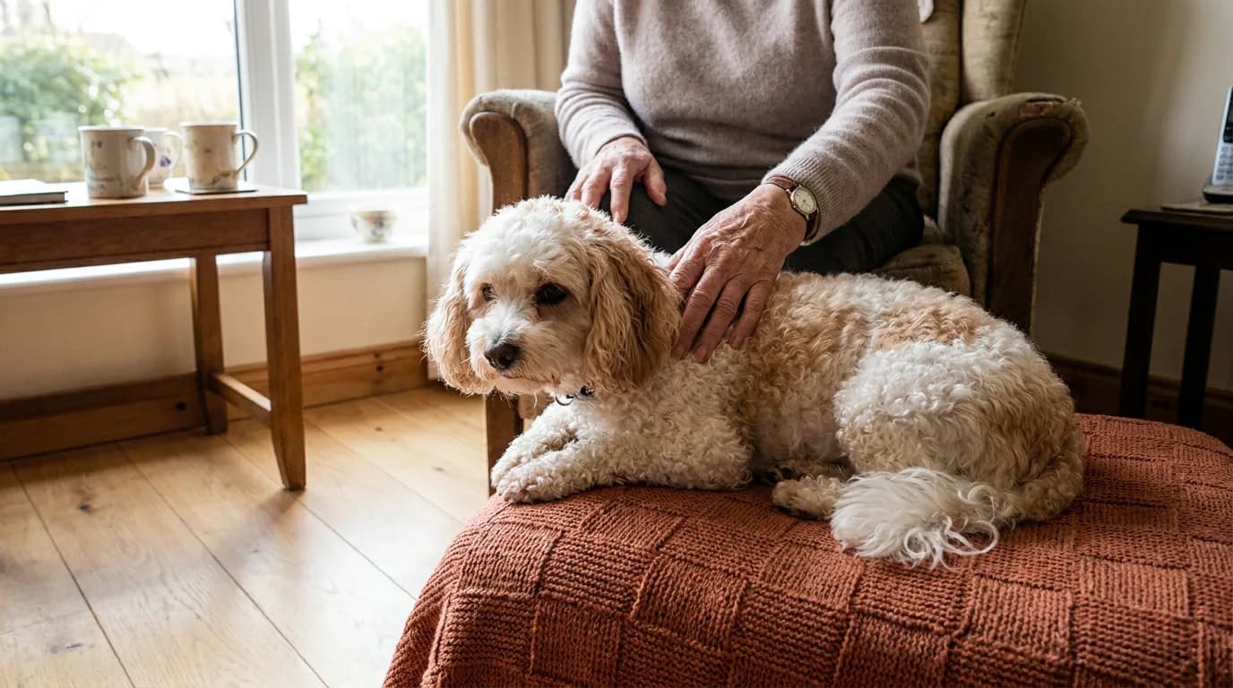 White and apricot companion dog resting on a rust-colored cushion beside an older adult.
