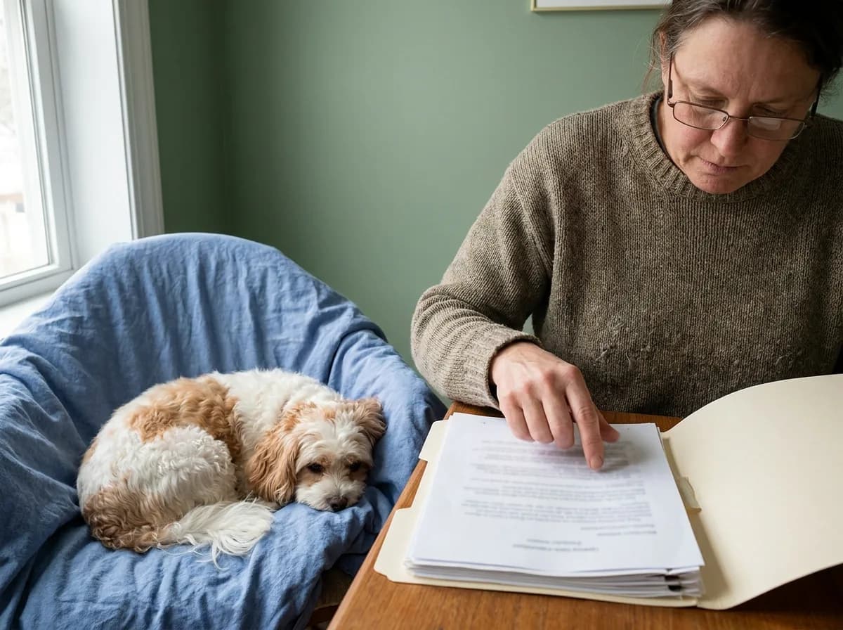 Adult reading dog-care paperwork while a small dog rests on a blue cushion.