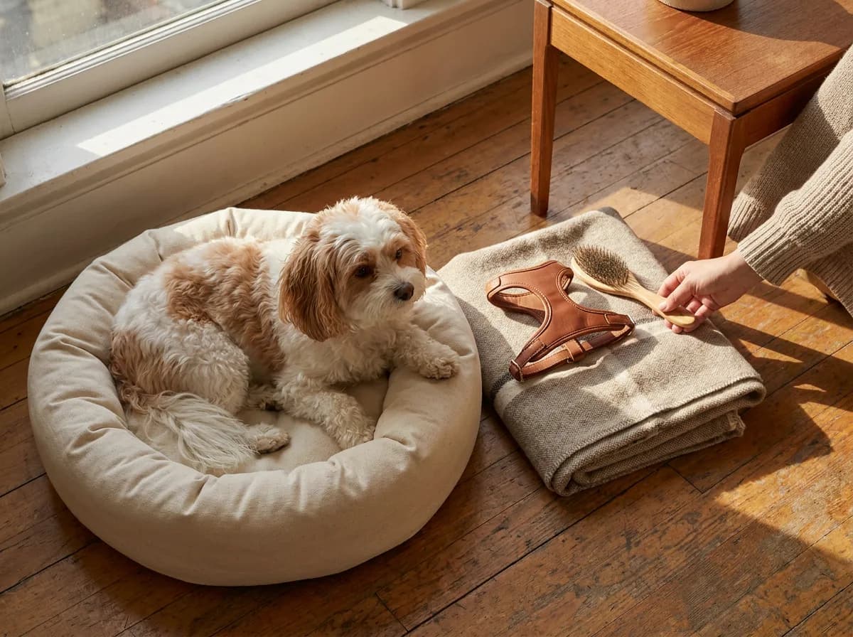 Small dog resting in a bed beside a harness and brush laid out on a blanket.
