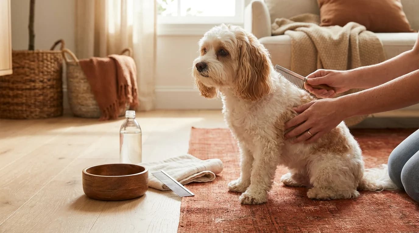 Small white and apricot dog beside a bowl and grooming supplies while an adult combs its coat.