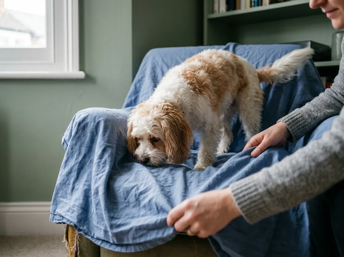 Small wavy-coated dog searching a blue blanket beside its owner.