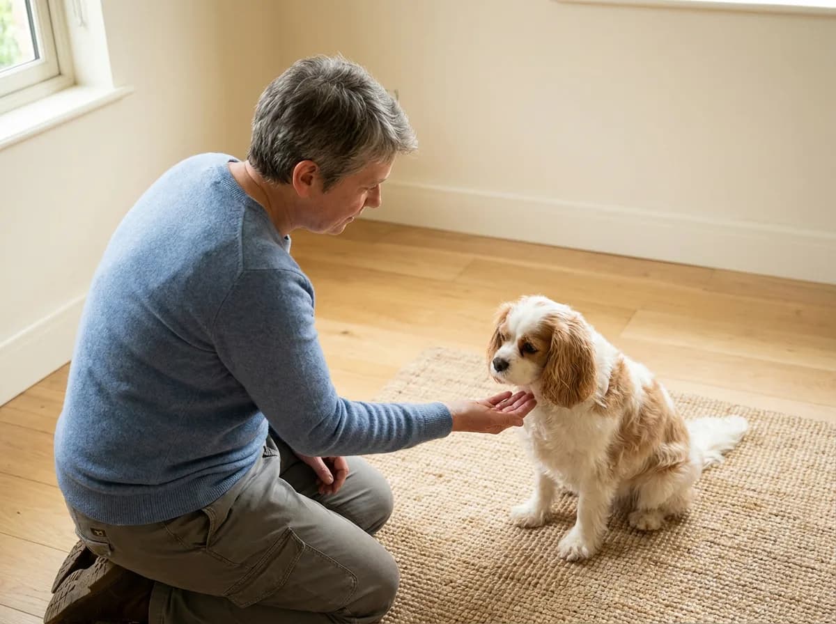 Adult offering an open hand to a small dog seated on a woven rug.