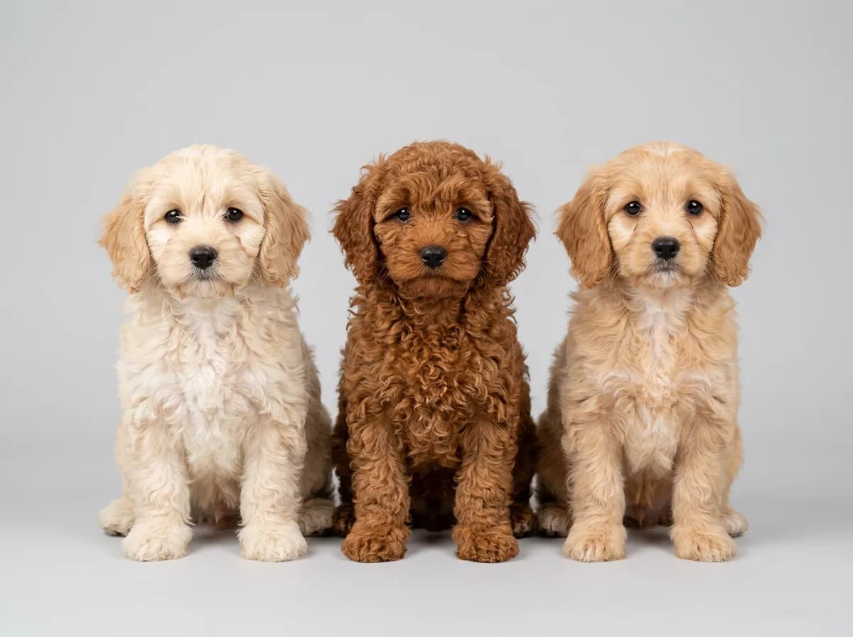 Three Cavapoo puppies side by side on a gray studio backdrop showing a cream wavy coat, a ruby curly coat, and an apricot straight coat